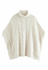 Kabelstrick-Poncho in Creme mit hohem geripptem Kragen. Enthält strukturierte Muster und fransige Ränder. Weiches Strickmaterial mit lockerer Passform.