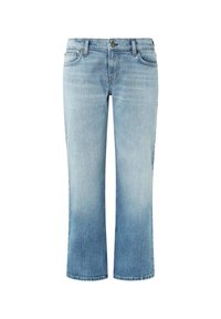 Jeans de denim azul claro con corte recto, que cuentan con un cierre de botón, cinco bolsillos y un ligero desvanecimiento hacia la parte inferior.