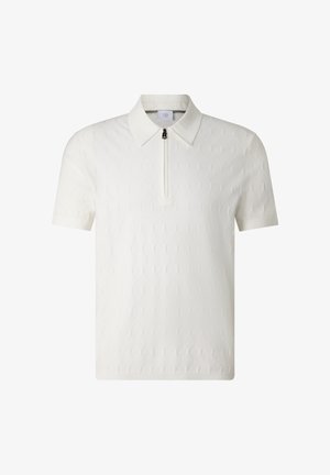 Biała koszulka polo z krótkim rękawem, z subtelnym sześciokątnym wzorem i suwakiem z przodu sięgającym do połowy długości kołnierzyka.