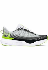 Chaussures de course pour hommes avec un dessus noir et blanc à motif respirant, des accents vert vif et une semelle blanche rembourrée pour le soutien.