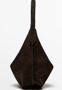 Dark brown suede handbag with a triangular shape and a single thick strap extending upward from the center top.