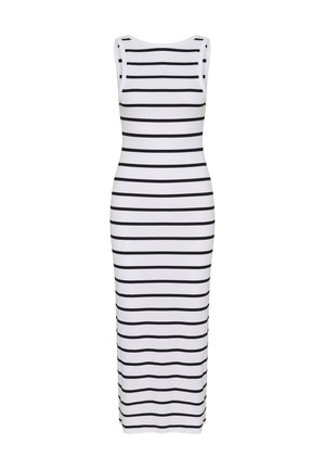Sleeveless midi dress made of stretchy cotton, featuring horizontal black and white stripes, fitted silhouette, round neckline.