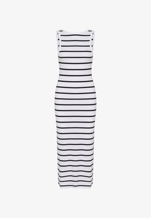 Sleeveless midi dress made of stretchy cotton, featuring horizontal black and white stripes, fitted silhouette, round neckline.