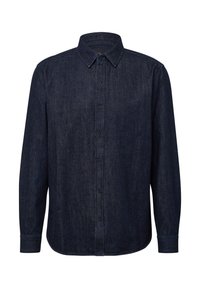 Camicia in denim scuro con colletto a bottoni, maniche lunghe e orlo arrotondato. Presenta bottoni neri e dettagli di cucitura discreti.