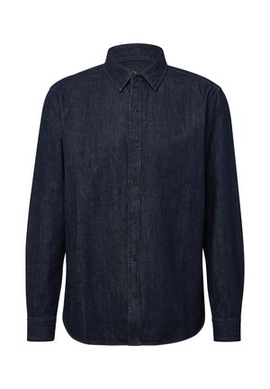 Dunkelblaus Denim-Hemd mit Button-Down-Kragen, langen Ärmeln und abgerundetem Saum. Mit schwarzen Knöpfen und dezenten Nähdetails.
