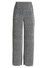 Breda byxor i grå ribbad tyg, prydda med spridda silverpaljetter. Har en hög midja och sprund på sidorna vid fållen.