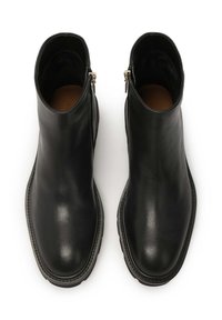 Black leather ankle boots with rounded toe, side zippers, and textured sole. Smooth finish and minimal stitching detail.