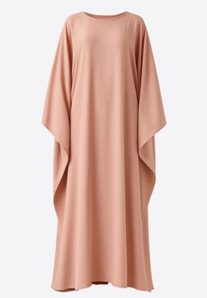 Lichtroze kaftan gemaakt van gladde stof, met brede mouwen en een ronde halslijn, een losse, vloeiende silhouet zonder versieringen.