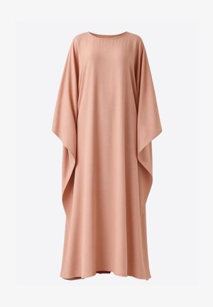 Lichtroze kaftan gemaakt van gladde stof, met brede mouwen en een ronde halslijn, een losse, vloeiende silhouet zonder versieringen.