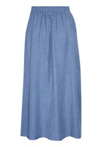 Blå chambray-nederdel med elastisk talje, gulvlang, glat tekstur og samlet design, der har en A-formet silhuet.