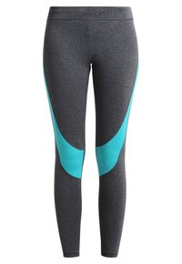 Leggings sportivi grigio scuro con vita alta e pannelli curvi azzurri chiari sulle cosce esterne e sulle ginocchia.