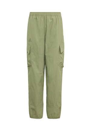 Lysegrønne cargobukser med elastik i taljen, sidelommer med klap og elastiske manchetter, med en subtil logo på venstre lår.