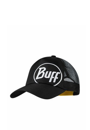 Schwarze Mesh-Trucker-Kappe mit gebogenem Schirm und weißem „Buff“-Logo, das auf dem Frontpanel gestickt ist.