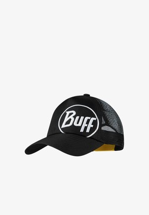 Schwarze Mesh-Trucker-Kappe mit gebogenem Schirm und weißem „Buff“-Logo, das auf dem Frontpanel gestickt ist.