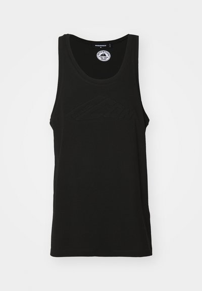 Schwarzes ärmelloses Tanktop aus Baumwolle mit Rundhalsausschnitt und geprägtem Logo-Detail auf der Vorderseite. Sauberes, minimalistisches Design.