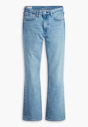 Jean flare bleu clair en denim avec taille haute, présentant des poches avant, une fermeture à bouton et une texture délavée pour un look vintage.