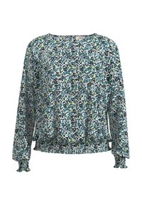 Blumenmuster Bluse mit langen Ärmeln in mehrfarbigem Türrkis, Schwarz und Gelb. Leichter Stoff mit gerafften Bündchen und elastischem Saum.