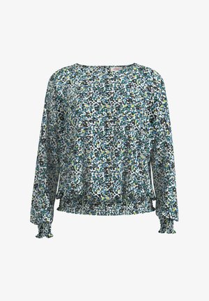 Blumenmuster Bluse mit langen Ärmeln in mehrfarbigem Türrkis, Schwarz und Gelb. Leichter Stoff mit gerafften Bündchen und elastischem Saum.