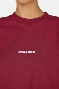Bordový sweatshirt s žebrovaným límcem, na přední straně zdobený bílým výšivkovým nápisem "PEGADOR". Hladká textura, klasický design.
