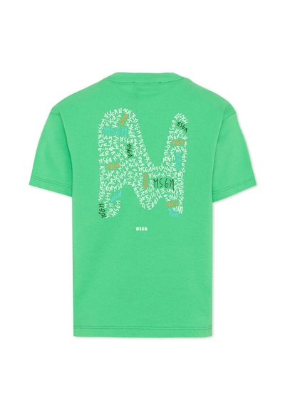 T-shirt vert à manches courtes avec un grand "M" au dos formé par le texte répété "MSGM" multicolore, petit logo MSGM en dessous.