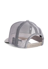 Graue Mesh-Baseballmütze mit gebogenem Schirm, strukturiertem Muster und Snapback-Verschluss. Mit einem dezenten Muschelmuster auf der Rückseite.