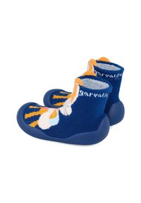 Calcetines de lana azules con un diseño de animal colorido, que presentan un tejido texturizado y una suela de goma para mayor agarre. Los acentos incluyen naranja y blanco.