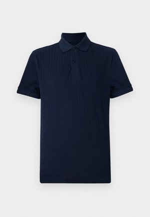 Polo-shirt bleu marine à manches courtes avec une texture côtelée, une patte de boutonnage à trois boutons et un col classique.