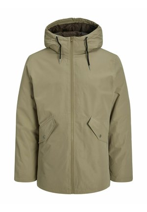 Veste à capuche beige avec zip à l'avant, deux poches latérales et cordon de serrage. Texture lisse avec une conception légère, idéale pour un style décontracté.