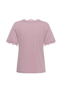 Blouse courte à manches courtes violet clair avec des motifs verticaux subtils et une bordure en dentelle sur le col et les bords des manches, vue de dos.