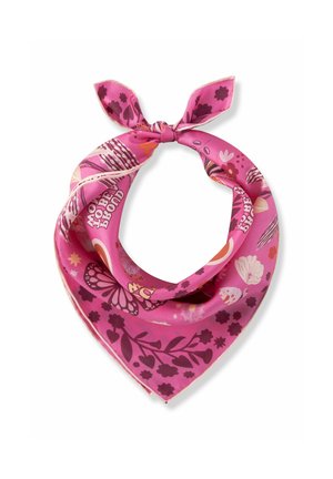 Écharpe en soie rose avec motifs floraux, papillons et coquillages, pliée et nouée en haut.