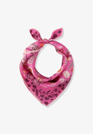 Écharpe en soie rose avec motifs floraux, papillons et coquillages, pliée et nouée en haut.