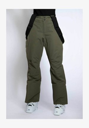Olivengrønne vandtætte bukser med justerbare seler, en afslappet pasform, lynlåslommer i siden og forstærkede syninger. Velegnede til skiløb.