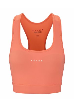 Coral sports bra made of smooth, stretchy fabric. Features a scoop neck, racerback design, and small white logo on the front. Size S.