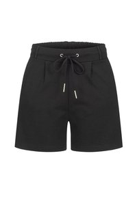 Svarte bomullsshortser med elastisk midje, justerbar snøring og to frontpleats. Jevn tekstur, lengde over kneet.