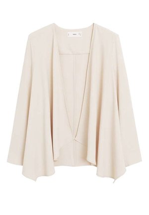 Beige åben cardigan med draperet forside, lange ærmer og løse, flydende stofpaneler på hvid baggrund.