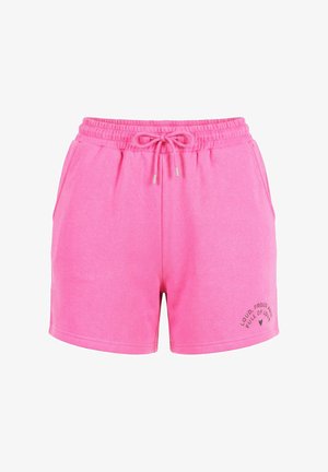 Shorts taille élastique rose vif avec cordon et poches latérales, avec le texte « Fort, fier et plein d'amour » près de l'ourlet.