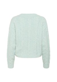 Ljusblå kabelstickad tröja med långa ärmar och ribbade mudd, visad från baksidan på en vit bakgrund.