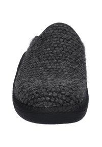Gray wool slipper with a textured knitted upper, rounded toe, and a black rubber sole. The design features a soft, fuzzy finish.