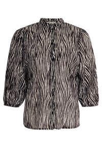 Blůza s potiskem zebra v černé a bílé, s vysokým límcem, vypouklými dlouhými rukávy a zapínáním na knoflíky. Lehká, texturovaná tkanina s volným střihem.