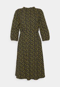 Vestido preto com bolinhas amarelas, apresentando um colarinho alto, mangas longas bufantes e uma cintura ajustada. Tecido suave com uma textura lisa.