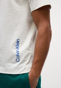 Svetlošedé bavlnené tričko s okrúhlym výstrihom a krátkymi rukávmi. Na ľavej strane pri leme sa nachádza modré logo "Calvin Klein".