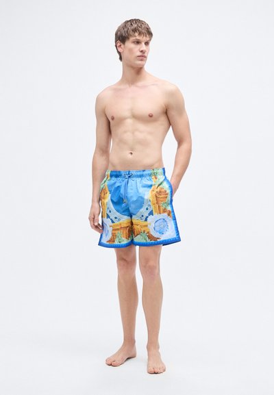 Πολύχρωμο μαγιό σορτς με μπλε φόντο και καλλιτεχνικά σχέδια, που περιλαμβάνουν τοπία και λουλούδια, και μέση με κορδόνι.