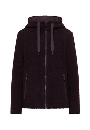 Veste en polaire de couleur violet profond avec une fermeture éclair complète, une capuche réglable et des poches zippées. Caractérisée par un matériau texturé et des cordons de serrage de marque.