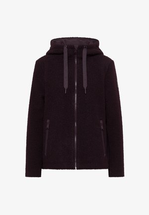 Giacca in pile di un profondo viola con zip completa, cappuccio regolabile e tasche con zip. Presenta un materiale testurizzato e lacci con logo.