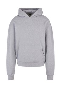 Felpa grigia in tessuto misto cotone, con tasca frontale a marsupio, maniche lunghe, cappuccio con cordino e polsini e orlo a costine.
