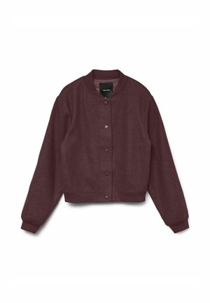 Veste bomber bourgogne en tissu doux, avec un col rond, des fermetures à boutons, et des poignets et un ourlet côtelés. Design simple sans motifs.