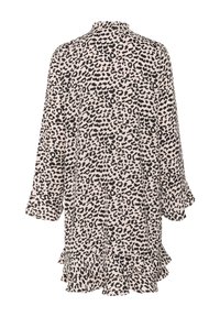 Leopard-Print-Kleid in Beige und Schwarz, mit Dreiviertelärmeln, einem Rüschensaum und einer lockeren Passform. Aus leichtem Material gefertigt.