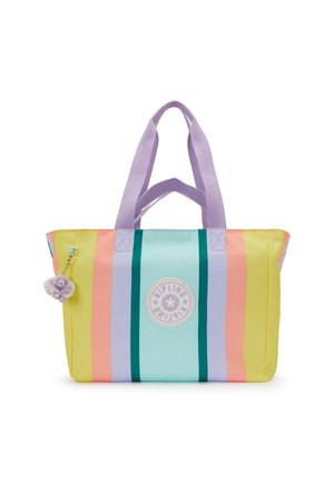 Meer gekleurde draagtas met verticale strepen in geel, roze, groen en blauw. Zacht materiaal, twee stoffen handvatten en een decoratieve charm.