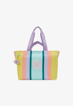Meer gekleurde draagtas met verticale strepen in geel, roze, groen en blauw. Zacht materiaal, twee stoffen handvatten en een decoratieve charm.