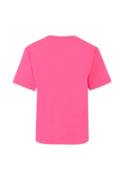 T-shirt a maniche corte in cotone rosa brillante, con un classico collo rotondo e una filatura dritta. Nessun motivo o dettaglio aggiuntivo visibile.